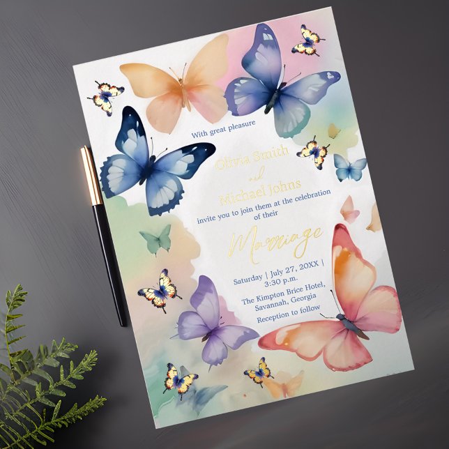 Papillon Aquarelle Papier Or Invitation (Créateur téléchargé)