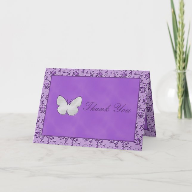 Papillon argenté sur carte de remerciement violet (Devant)