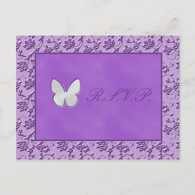 Papillon argenté sur carte postale violette R.S.V. (Devant)