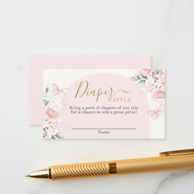 Papillon baby shower fille Diaper Carte Raffle (Devant/Arrière en situation)