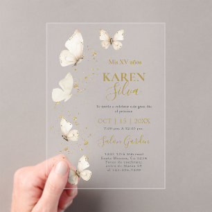 Papillon beige Quinceañera acrylique Invitation