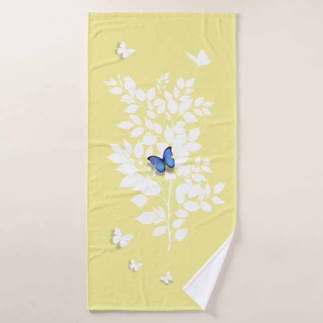 Papillon bleu branche feuillue blanche  (Serviette de bain)