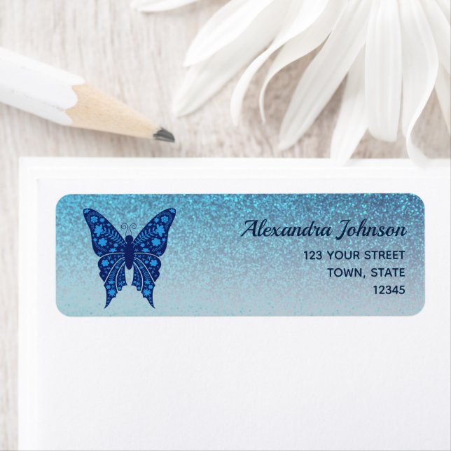 Papillon bleu élégant étiquette adresse de retour  (En situation)