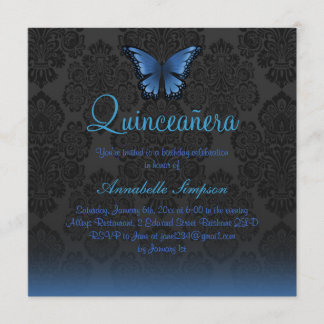 Papillon bleu et Damask Quinceanera Invitation
