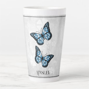 Papillon bleu Floral Latte Mug personnalisé