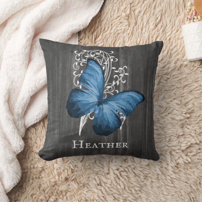 Papillon bleu rustique oreiller à lancer personnal (Couverture)