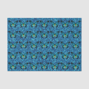 Papillon bleu sur le papier de soie de soie bleu