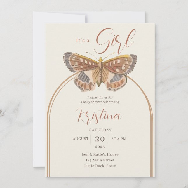 Papillon Boho Baby Girl Douche Invitation (Devant)