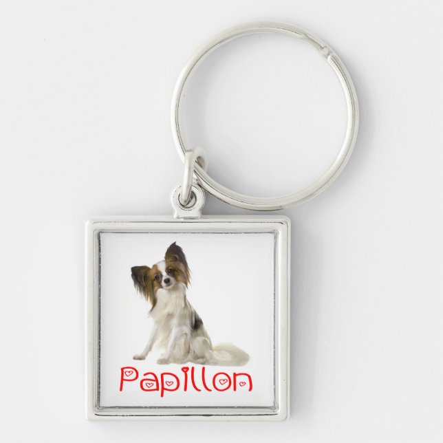 Papillon Brown and White Puppy Dog Red Love Keychain (Front)