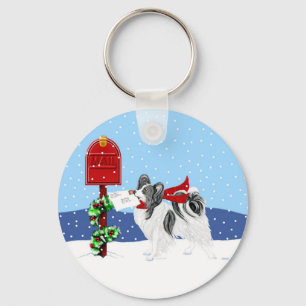 Papillon Christmas Mail Blk Wht Keychain