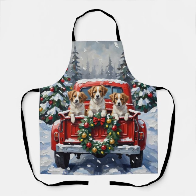 Papillon Christmas Red Truck Holiday Apron (Front)