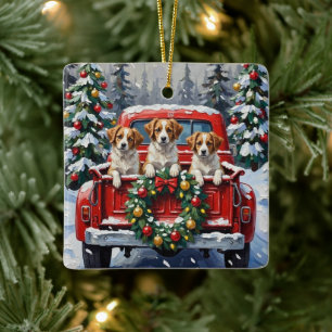 Papillon Christmas Red Truck Holiday Ceramic Ornament