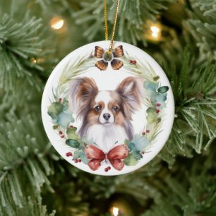 Papillon Christmas Wreath Festive Pup  Ceramic Ornament
