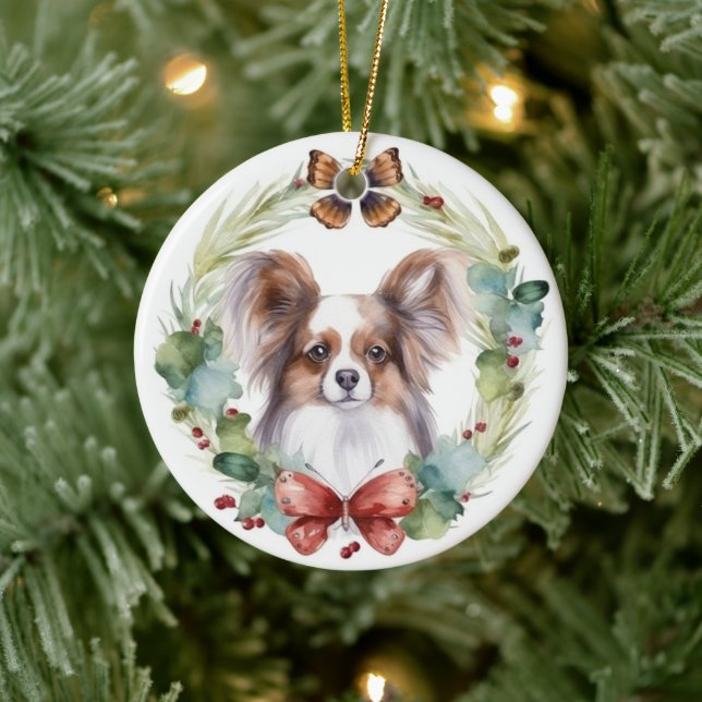 Papillon Christmas Wreath Festive Pup  Ceramic Ornament (Tree)
