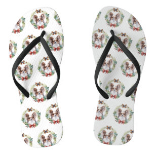 Papillon Christmas Wreath Festive Pup  Flip Flops