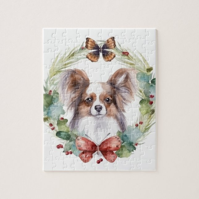 Papillon Christmas Wreath Festive Pup  Jigsaw Puzzle (Vertical)
