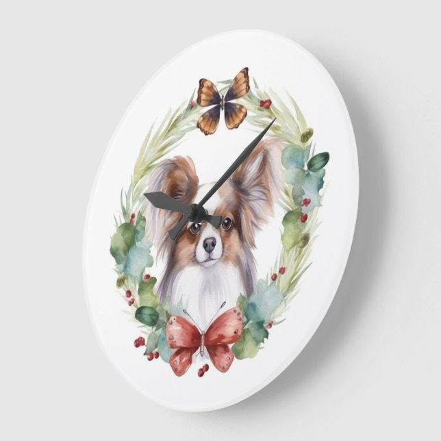 Papillon Christmas Wreath Festive Pup  Large Clock (Angle)