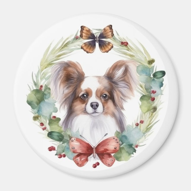 Papillon Christmas Wreath Festive Pup  Magnet (Front)