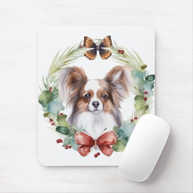 Papillon Christmas Wreath Festive Pup  Mouse Pad (With Mouse)
