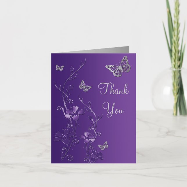 Papillon d'argent violet Floral Merci Carte de not (Devant)