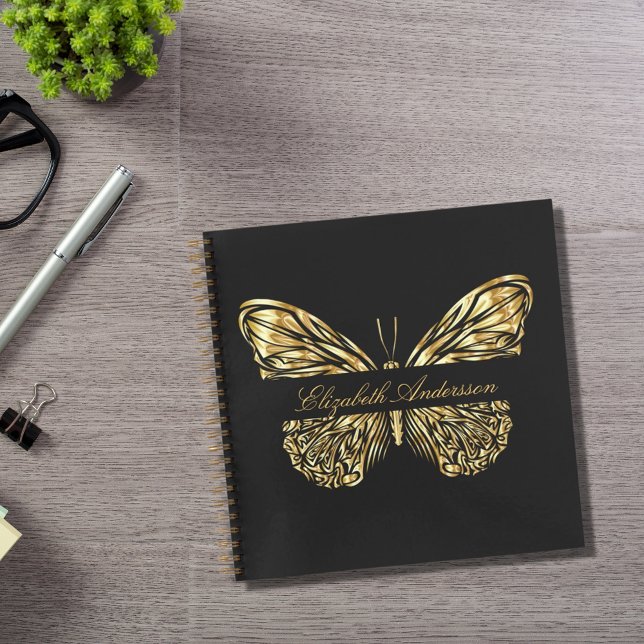 Papillon de carnet de croquis noir or élégant nom (Créateur téléchargé)