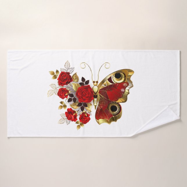 Papillon de fleurs rouges aux roses rouges (Serviette de bain)