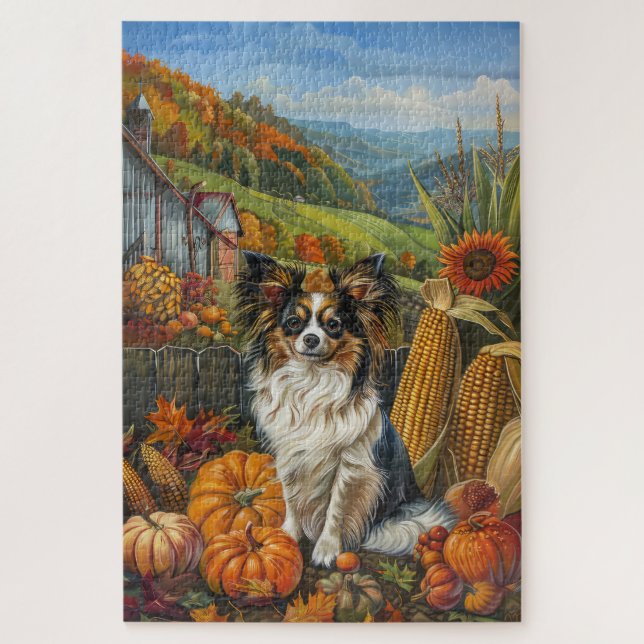 Papillon dog Autumn Harvest Thanksgiving Jigsaw Puzzle (Vertical)