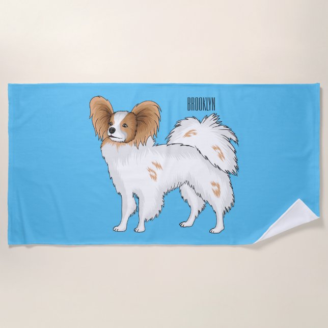 Papillon dog cartoon illustration beach towel (Front)