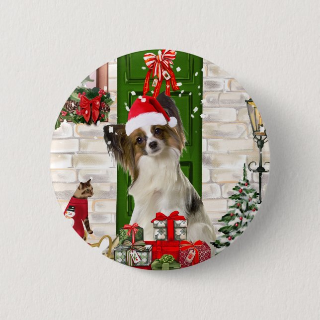 Papillon Dog Christmas  2 Inch Round Button (Front)