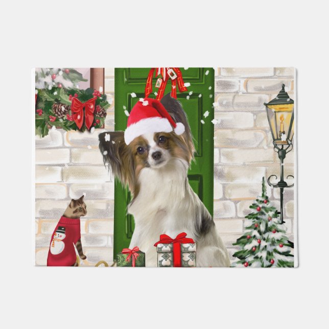 Papillon Dog Christmas  Doormat (Front)