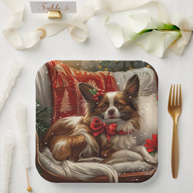 Papillon Dog Christmas Festive Paper Plate (Wedding)