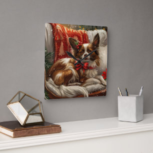 Papillon Dog Christmas Festive Square Wall Clock