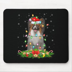 Papillon Dog Christmas Lights Funny Santa Hat Xmas Mouse Pad