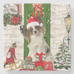 Papillon Dog Christmas Stone Coaster