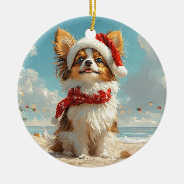 Papillon Dog Christmas Vintage Beach Ceramic Ornament (Front)