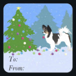 Papillon Dog Decorating Christmas Tree in Forest Square Sticker<br><div class="desc">Papillon dog breed Christmas design. This silhouette can also represent: Papillon, Chihuahua, Long-haired Chihuahua, Chi, Butterfly Dog, Toy Fox Terrier, Brazilian Terrier, Squirrel Dog, Continental Toy Spaniel, Dwarf Spaniel, Pap, Russian Toy Terrier, Russian Terrier, Moscow Toy Terrier, Moscovian Miniature Terrier, Russkiy Toy</div>