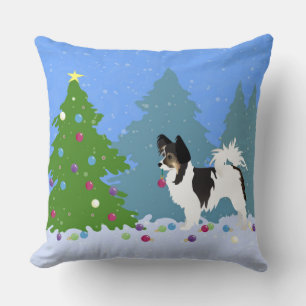 Papillon Dog Decorating Christmas Tree in Forest Throw Pillow