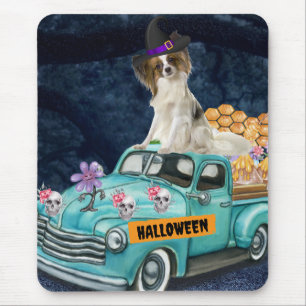 Papillon Dog Halloween Truck Scary Night Mouse Pad