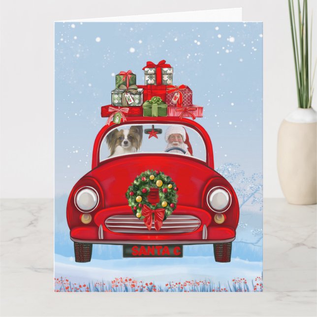 Papillon Dog In Car With Santa Claus  Card (Front)