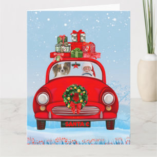 Papillon Dog In Car With Santa Claus  Card