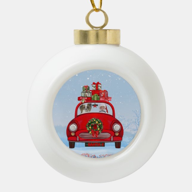 Papillon Dog In Car With Santa Claus  Ceramic Ball Christmas Ornament (Front)