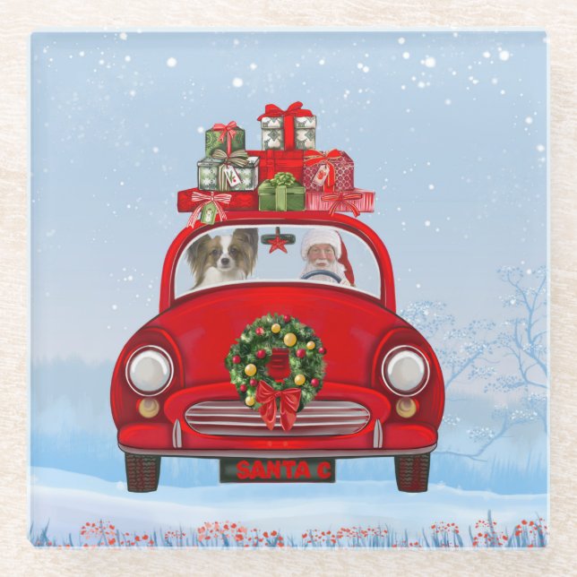 Papillon Dog In Car With Santa Claus  Glass Coaster (Front)
