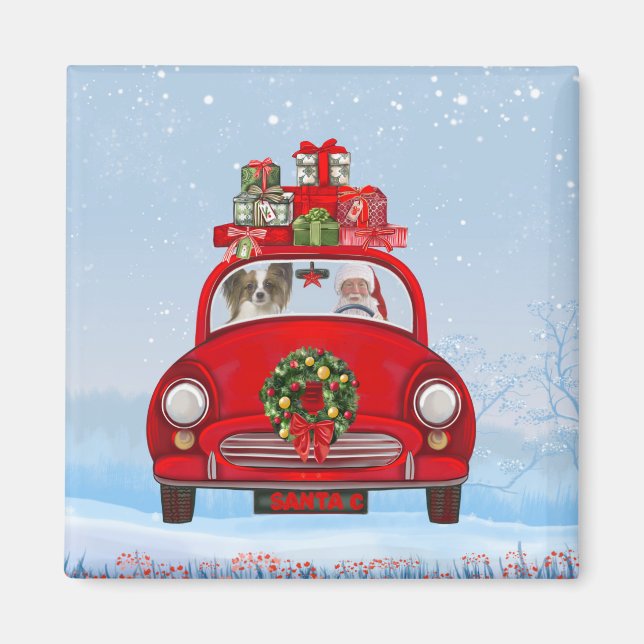 Papillon Dog In Car With Santa Claus  Magnet (Front)