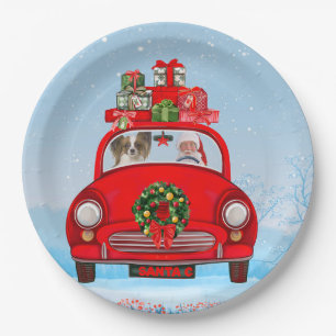 Papillon Dog In Car With Santa Claus  Paper Plate