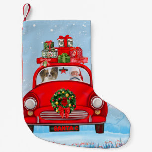 Papillon Dog In Car With Santa Claus  Small Christmas Stocking