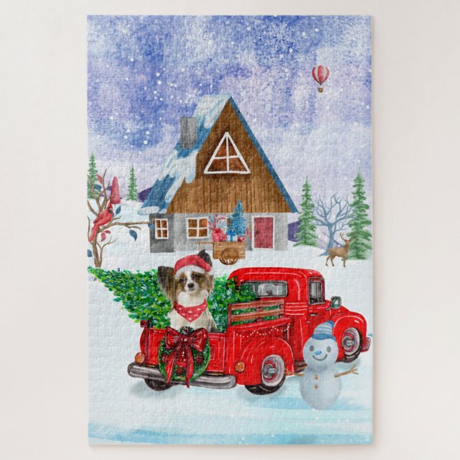 Papillon Dog In Christmas Delivery Truck Snow  Jigsaw Puzzle (Vertical)
