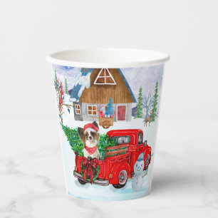 Papillon Dog In Christmas Delivery Truck Snow Paper Cups