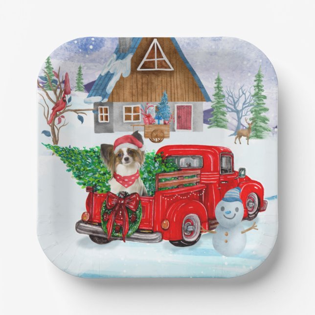 Papillon Dog In Christmas Delivery Truck Snow Paper Plate (Front)