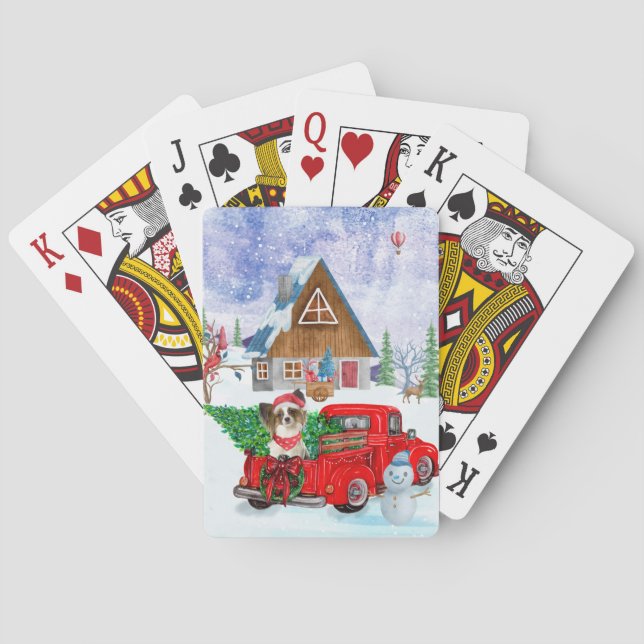 Papillon Dog In Christmas Delivery Truck Snow Playing Cards (Back)