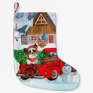 Papillon Dog In Christmas Delivery Truck Snow Small Christmas Stocking